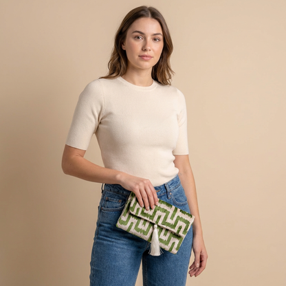 Silk Velvet Ikat Clutch – Off White / Green