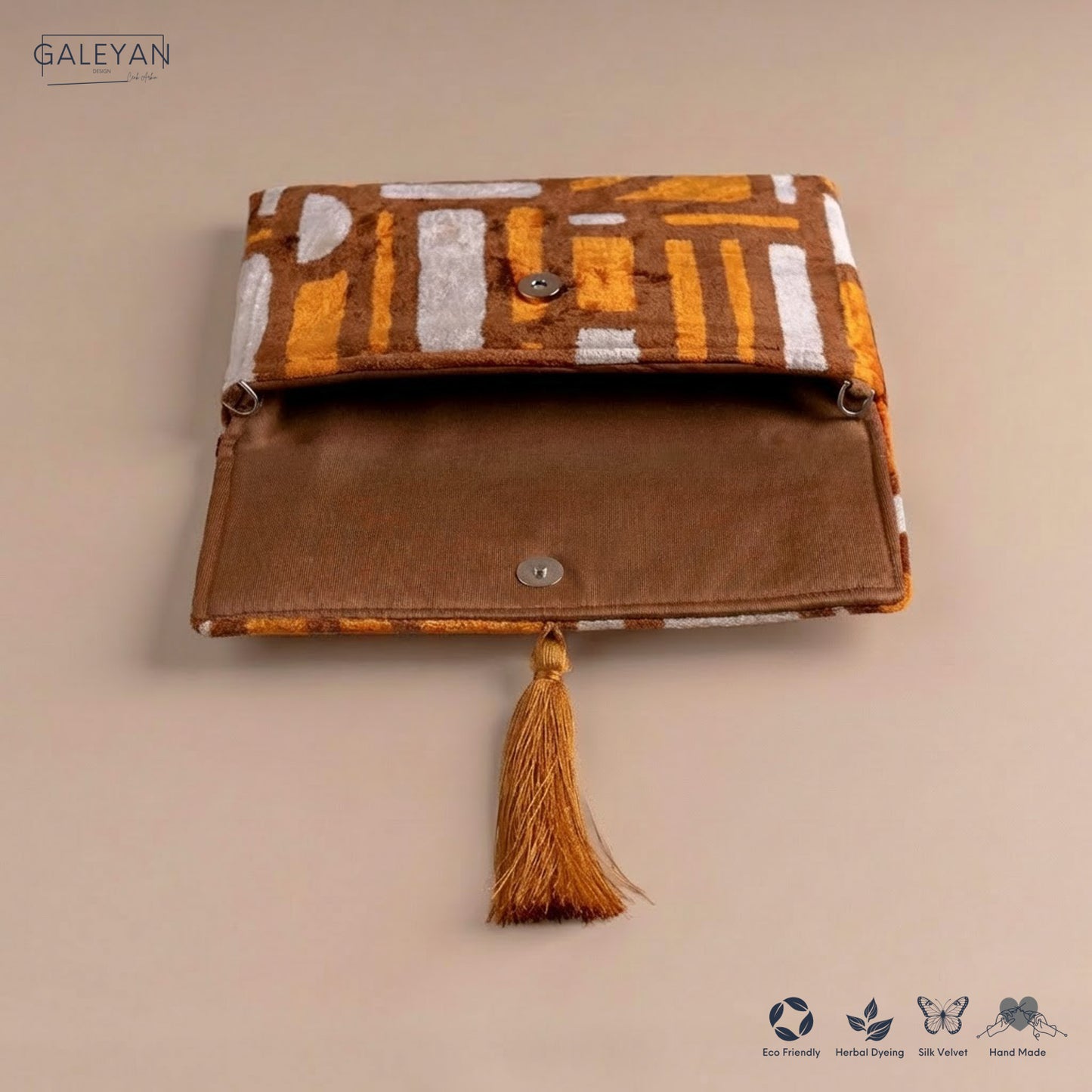 Silk Velvet Ikat Clutch – Off White / Brown / Saffron Gold
