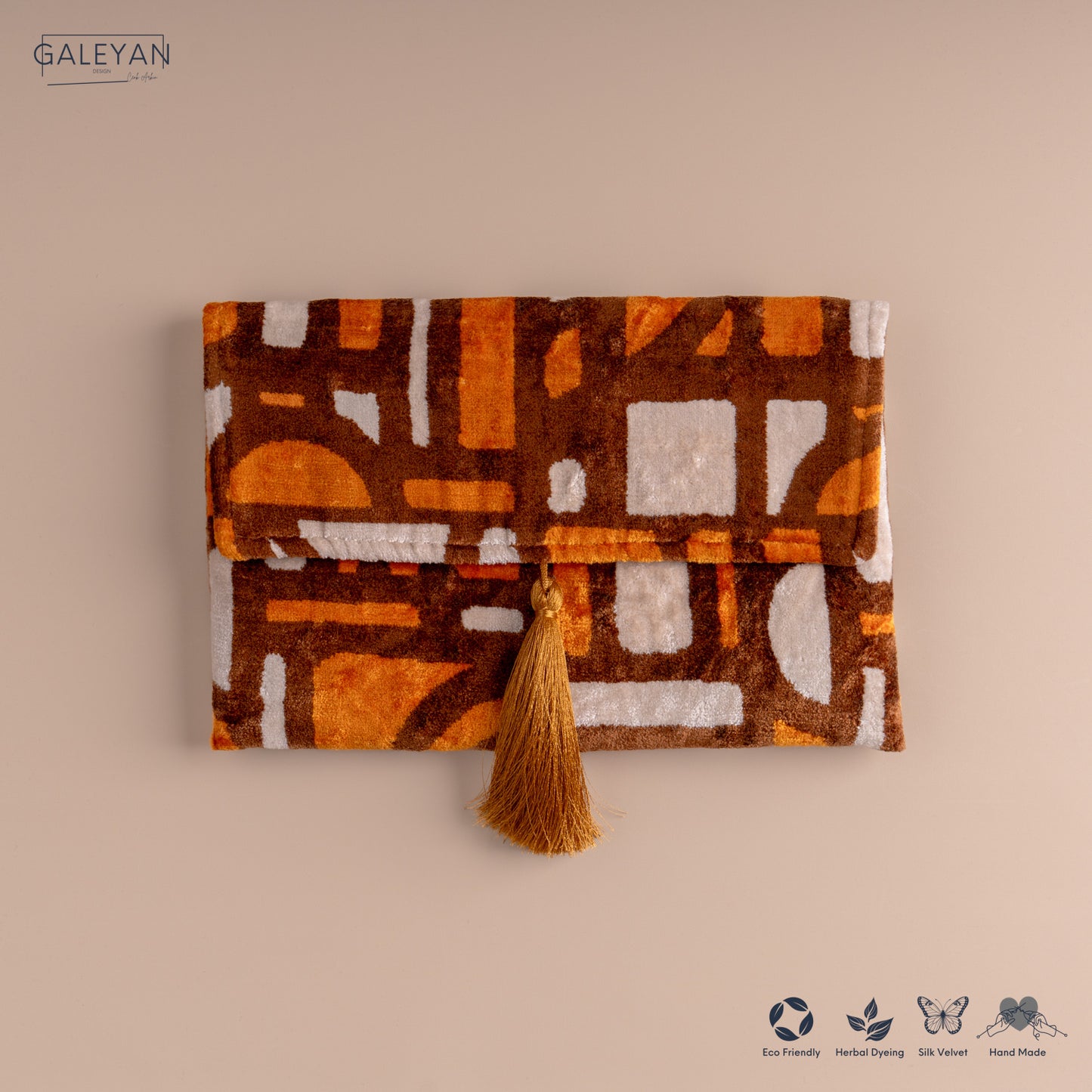 Silk Velvet Ikat Clutch – Off White / Brown / Saffron Gold