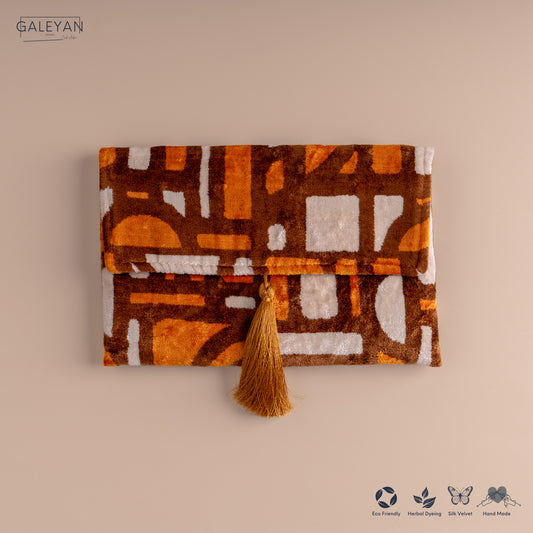 Silk Velvet Ikat Clutch – Off White / Brown / Saffron Gold