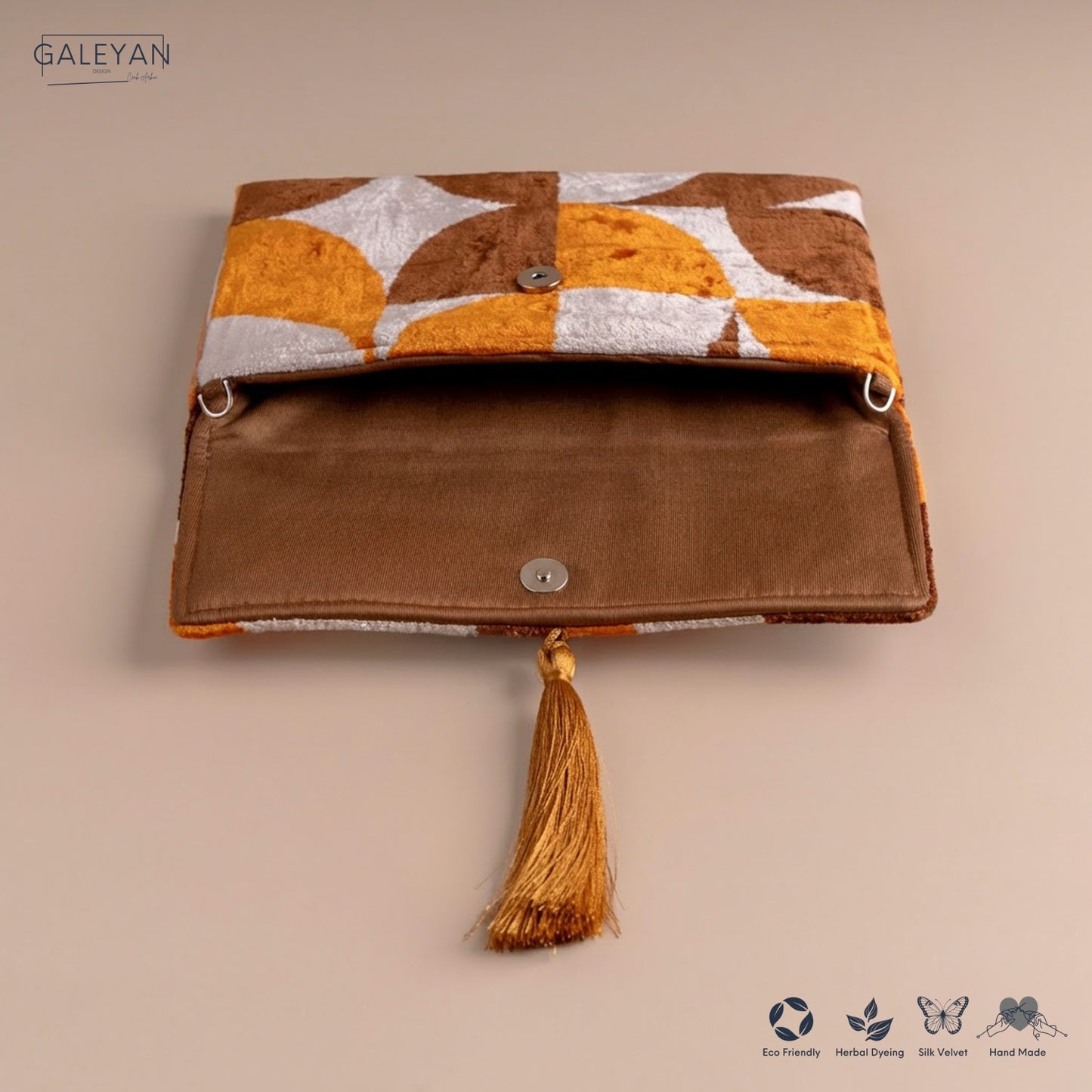 Silk Velvet Ikat Clutch – Off White / Brown / Saffron Gold