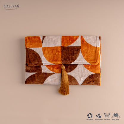 Silk Velvet Ikat Clutch – Off White / Brown / Saffron Gold