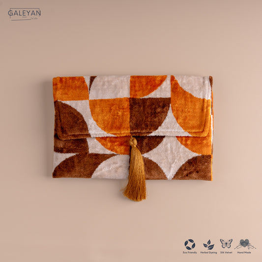 Silk Velvet Ikat Clutch – Off White / Brown / Saffron Gold