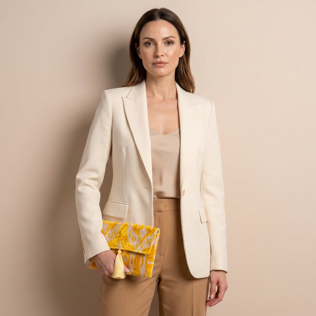Silk Velvet Ikat Clutch – Off White / Yellow