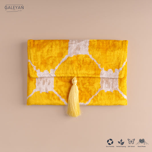 Silk Velvet Ikat Clutch – Off White / Yellow