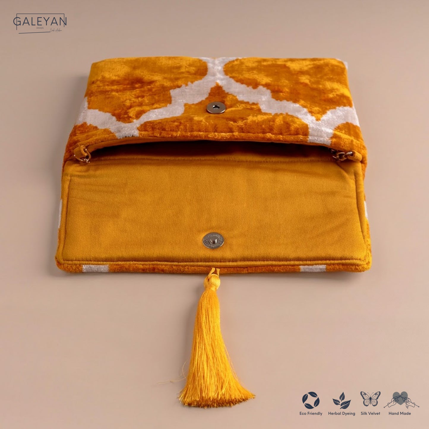 Silk Velvet Ikat Clutch – Off White / Saffron Gold
