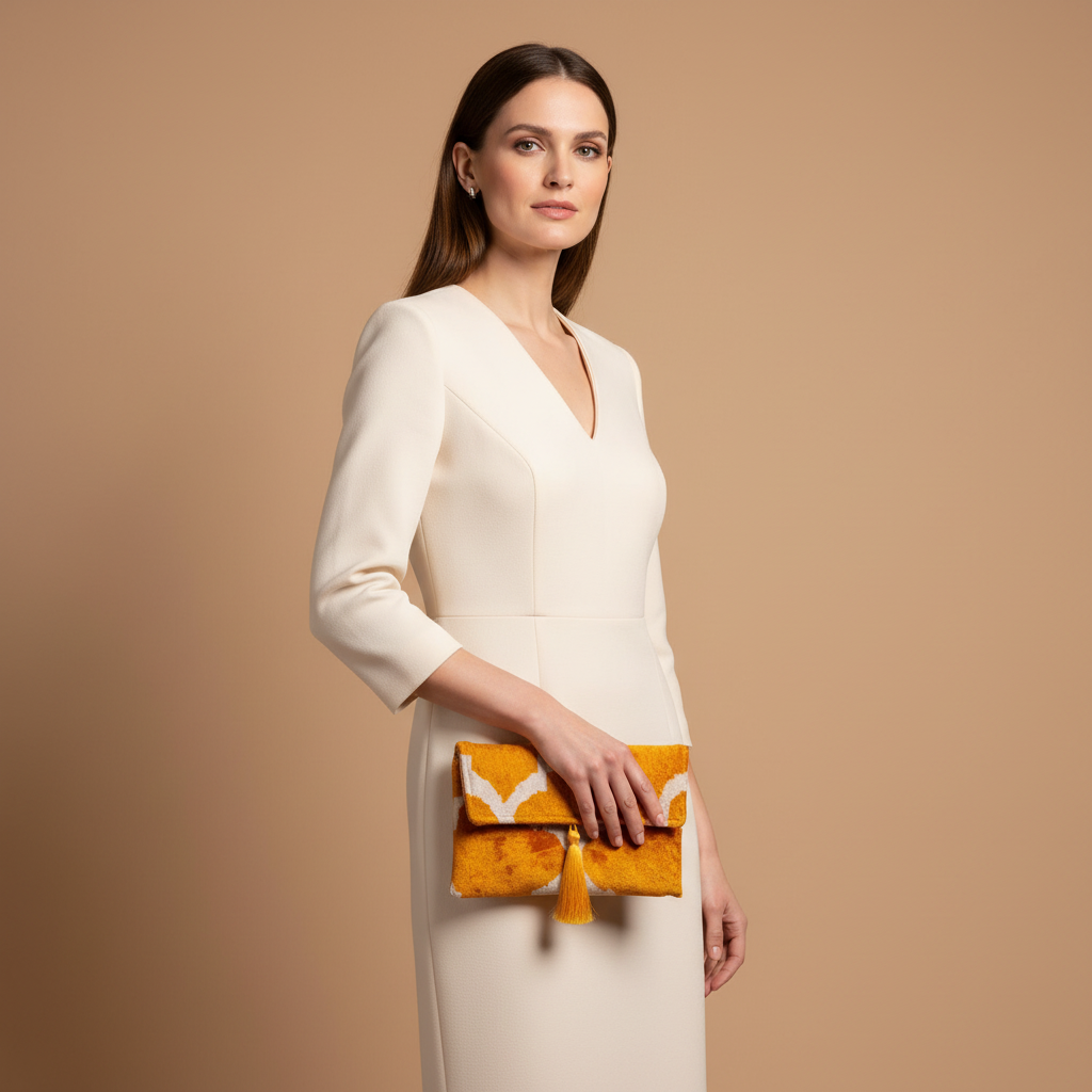Silk Velvet Ikat Clutch – Off White / Saffron Gold