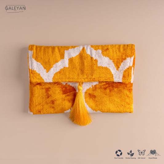 Silk Velvet Ikat Clutch – Off White / Saffron Gold