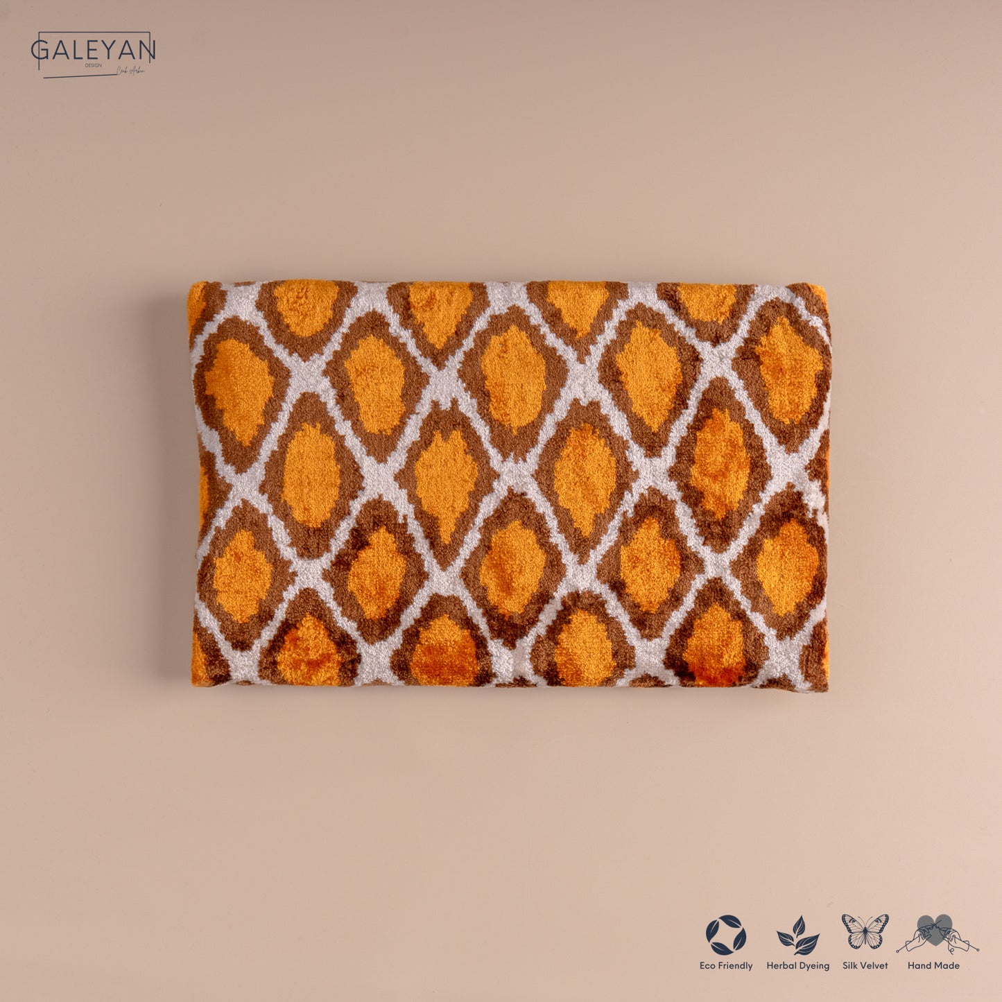 Silk Velvet Ikat Clutch – Off White / Saffron Gold / Brown