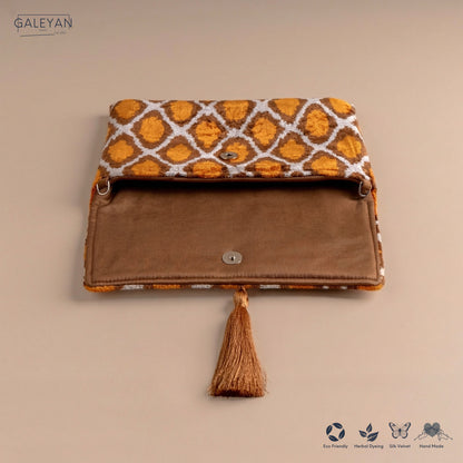 Silk Velvet Ikat Clutch – Off White / Saffron Gold / Brown