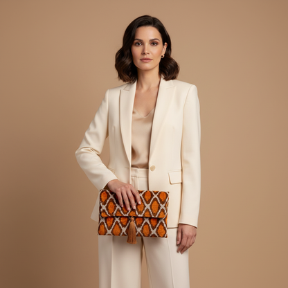 Silk Velvet Ikat Clutch – Off White / Saffron Gold / Brown