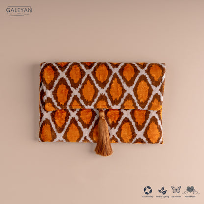 Silk Velvet Ikat Clutch – Off White / Saffron Gold / Brown