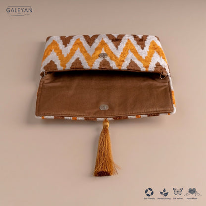 Silk Velvet Ikat Clutch – Off White / Saffron Gold / Brown