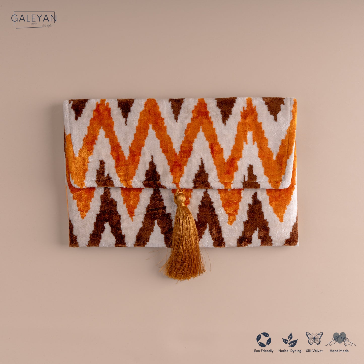 Silk Velvet Ikat Clutch – Off White / Saffron Gold / Brown