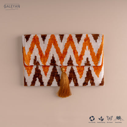 Silk Velvet Ikat Clutch – Off White / Saffron Gold / Brown