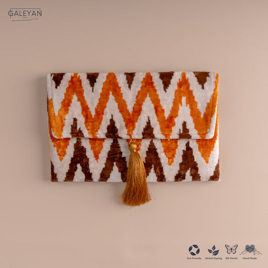 Silk Velvet Ikat Clutch – Off White / Saffron Gold / Brown