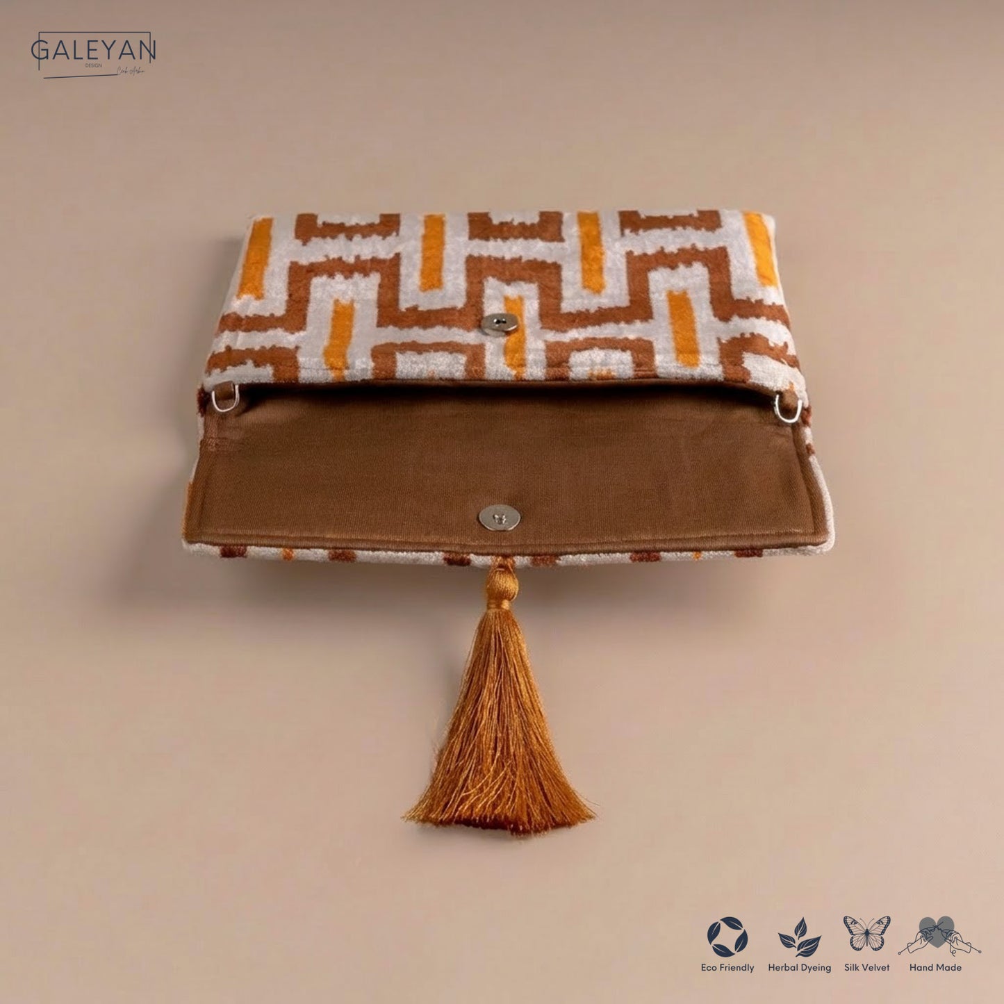 Silk Velvet Ikat Clutch – Off White / Saffron Gold / Brown