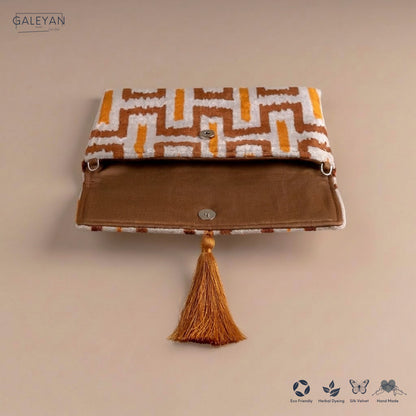 Silk Velvet Ikat Clutch – Off White / Saffron Gold / Brown