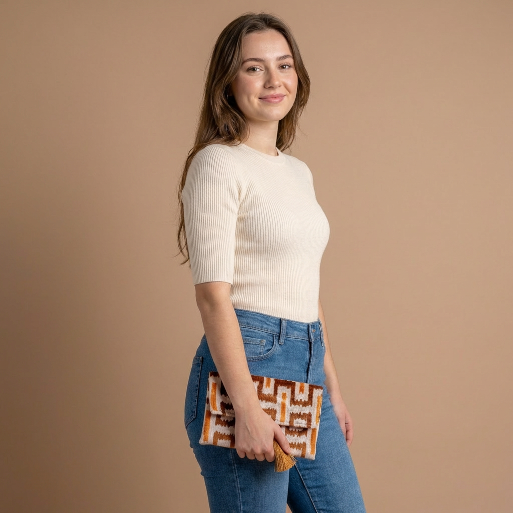 Silk Velvet Ikat Clutch – Off White / Saffron Gold / Brown