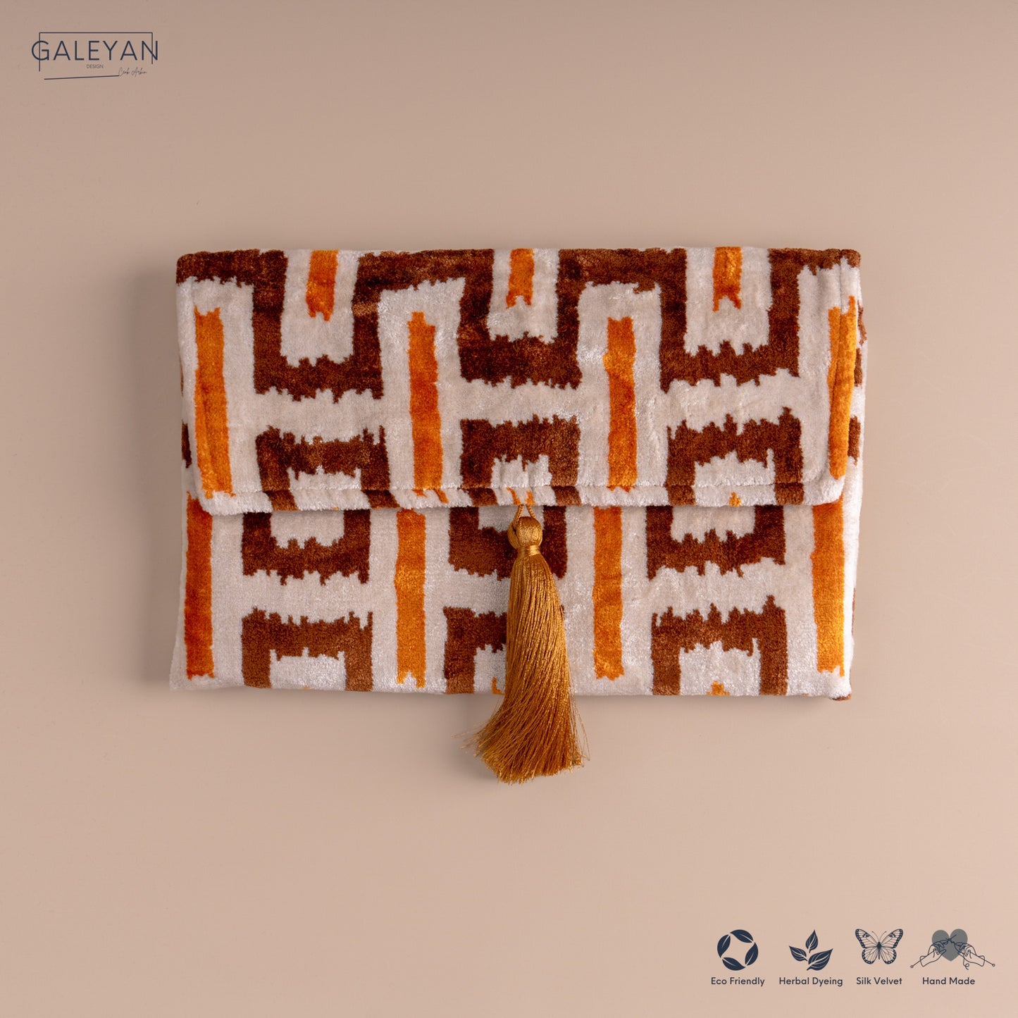 Silk Velvet Ikat Clutch – Off White / Saffron Gold / Brown