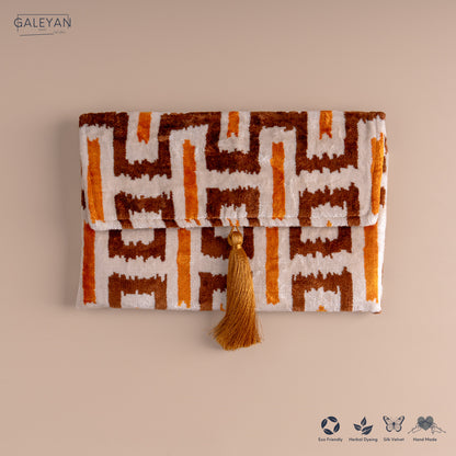Silk Velvet Ikat Clutch – Off White / Saffron Gold / Brown