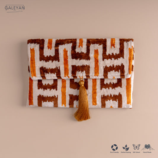 Silk Velvet Ikat Clutch – Off White / Saffron Gold / Brown