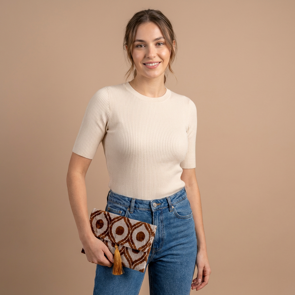 Silk Velvet Ikat Clutch – Off White / Brown