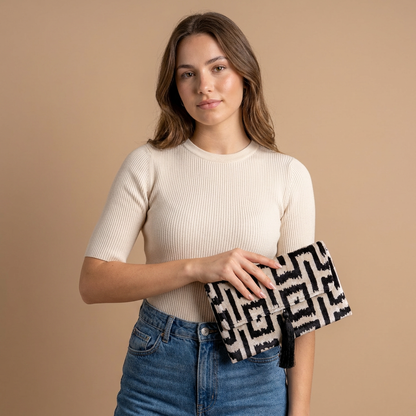 Silk Velvet Ikat Clutch – Off White / Black