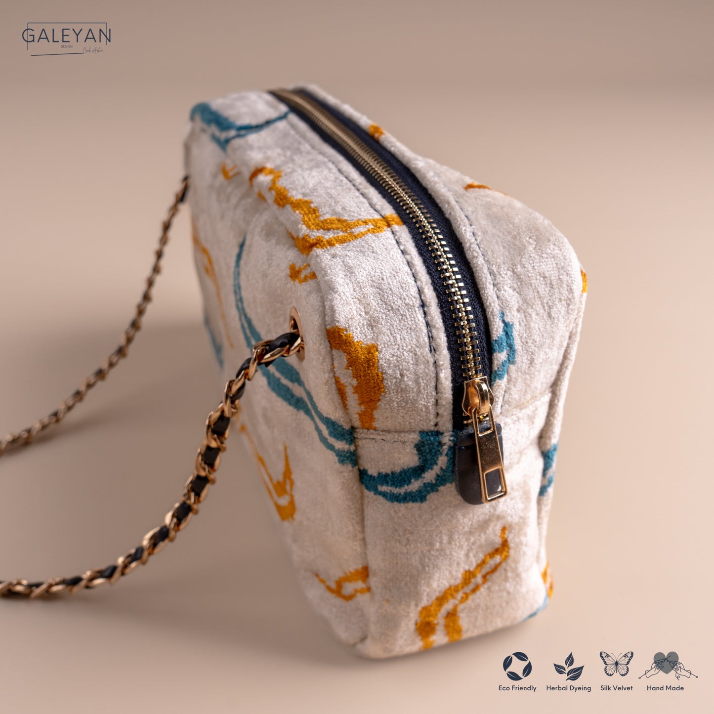 Silk Velvet Ikat Shoulder Bag – Off White / Saffron Gold / Turquoise