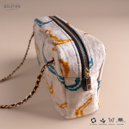 Silk Velvet Ikat Shoulder Bag – Off White / Saffron Gold / Turquoise