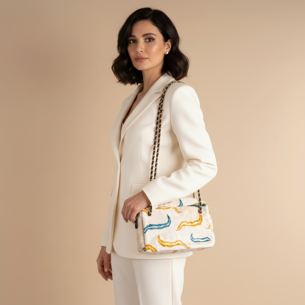 Silk Velvet Ikat Shoulder Bag – Off White / Saffron Gold / Turquoise