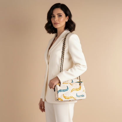 Silk Velvet Ikat Shoulder Bag – Off White / Saffron Gold / Turquoise