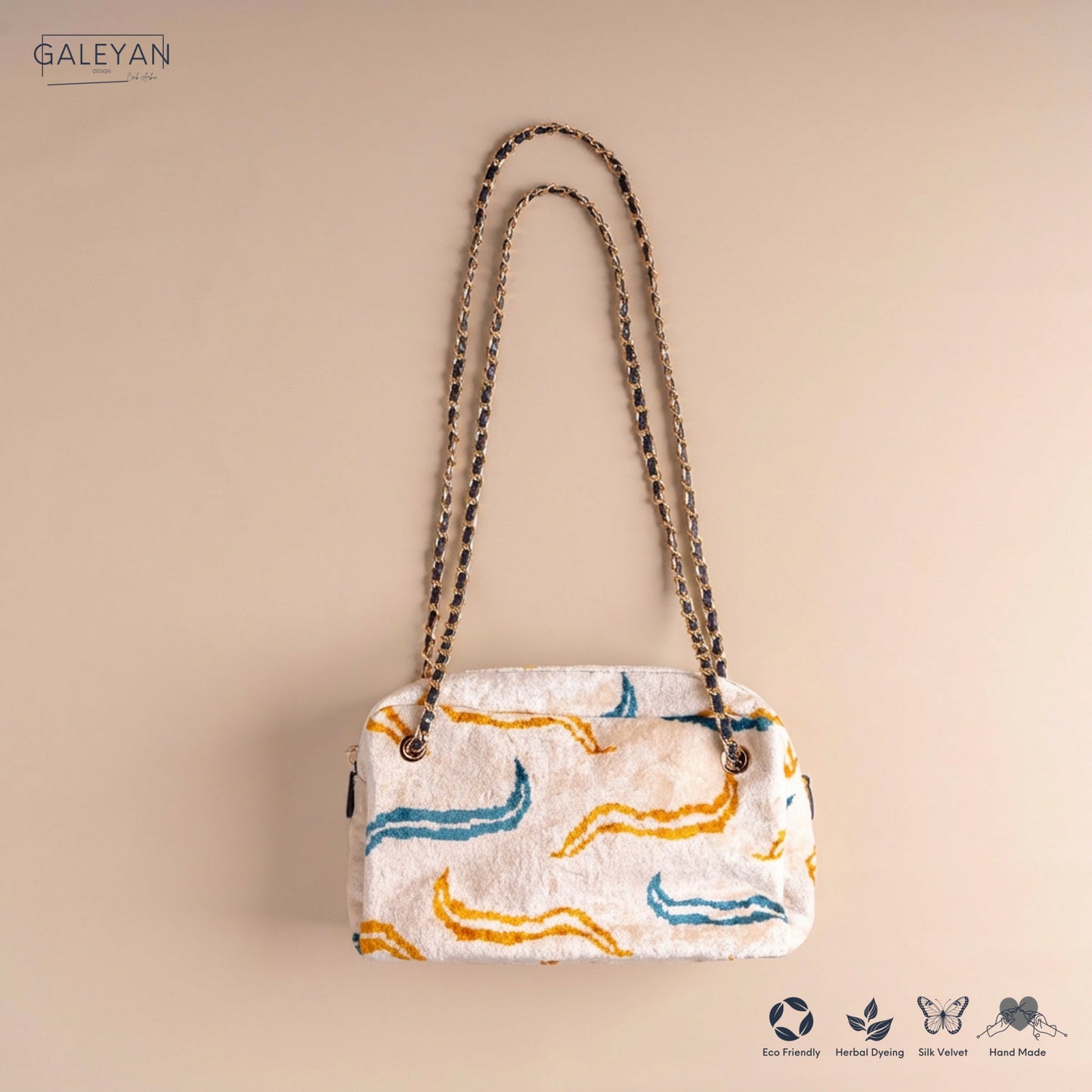 Silk Velvet Ikat Shoulder Bag – Off White / Saffron Gold / Turquoise