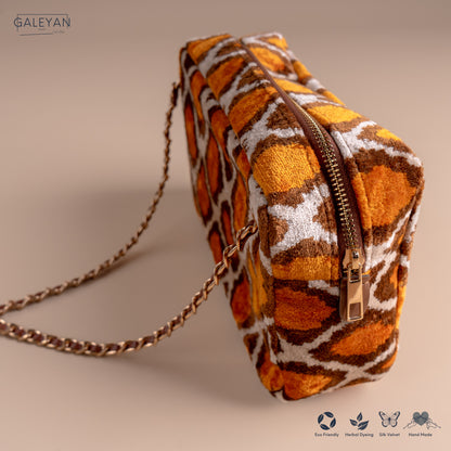 Silk Velvet Ikat Shoulder Bag – Off White / Saffron Gold / Brown