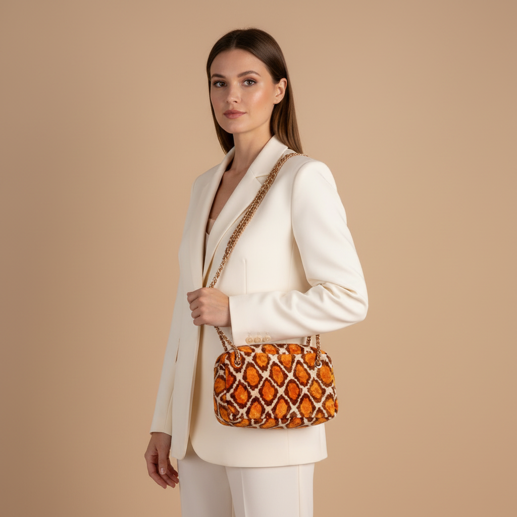 Silk Velvet Ikat Shoulder Bag – Off White / Saffron Gold / Brown