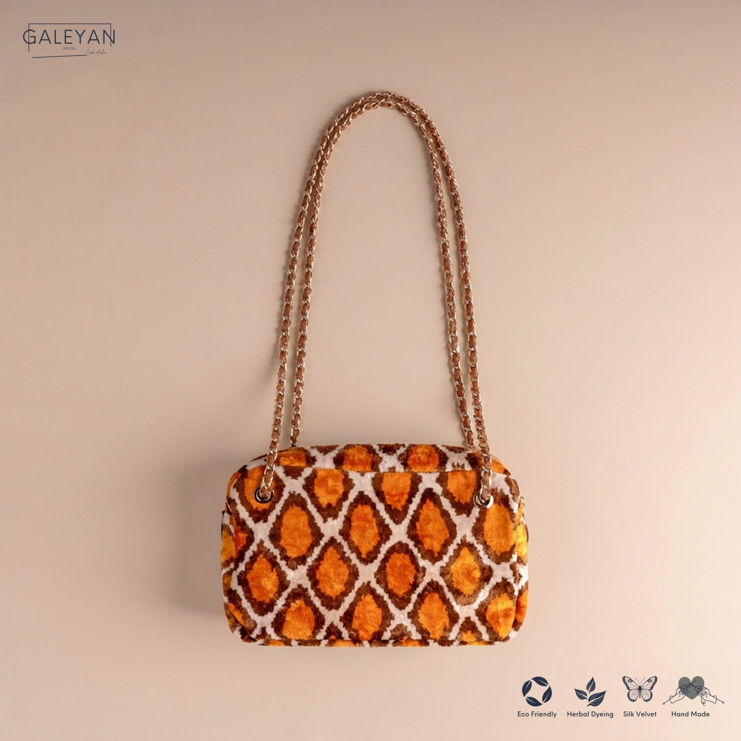 Silk Velvet Ikat Shoulder Bag – Off White / Saffron Gold / Brown