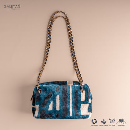 Silk Velvet Ikat Shoulder Bag – Off White / Turquoise / Midnight Indigo