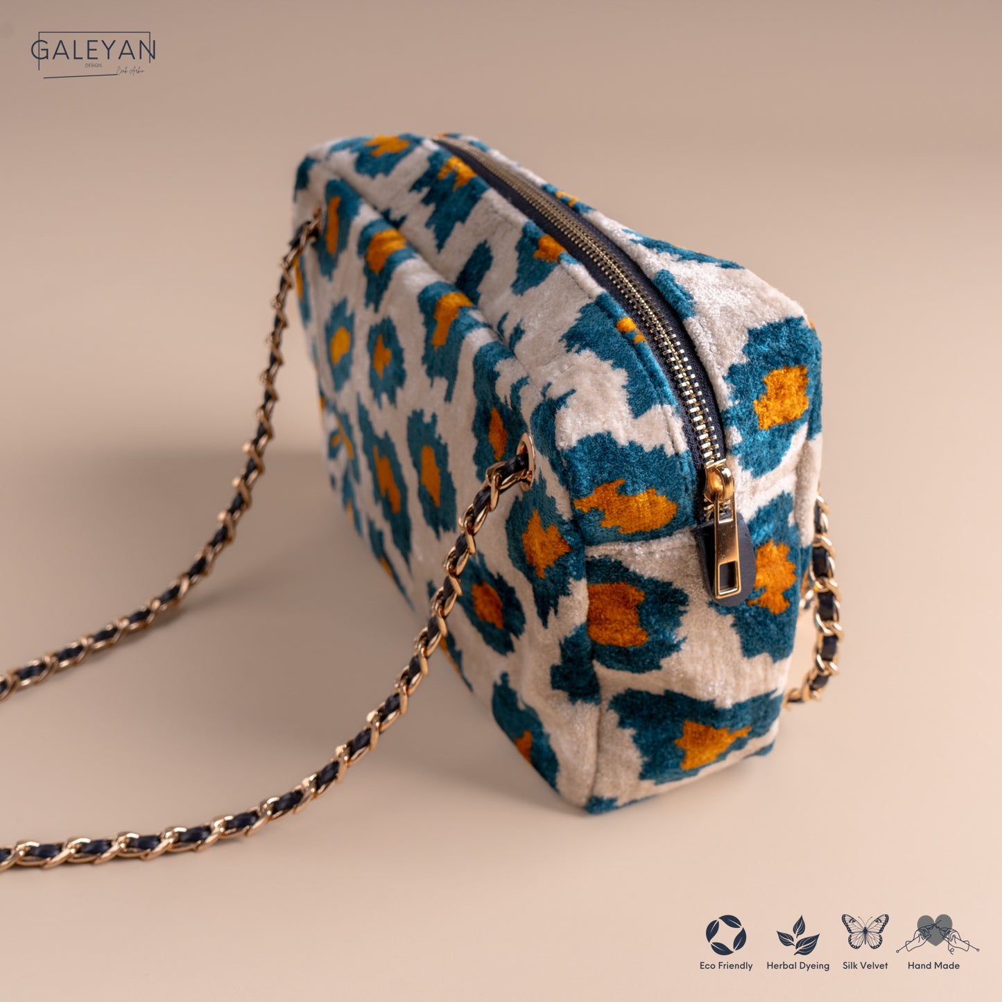 Silk Velvet Ikat Shoulder Bag – Off White / Turquoise / Saffron Gold