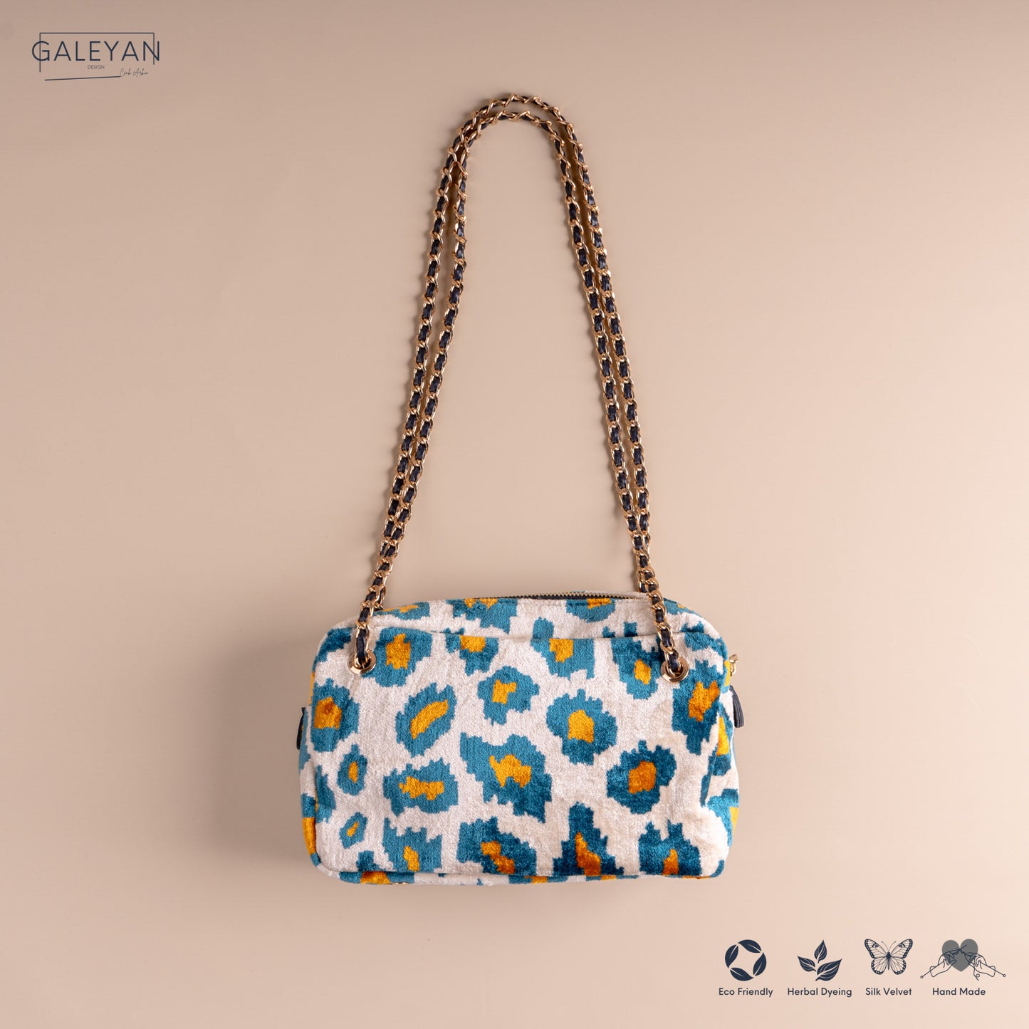Silk Velvet Ikat Shoulder Bag – Off White / Turquoise / Saffron Gold