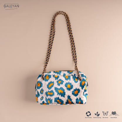 Silk Velvet Ikat Shoulder Bag – Off White / Turquoise / Saffron Gold