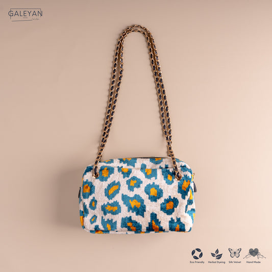 Silk Velvet Ikat Shoulder Bag – Off White / Turquoise / Saffron Gold