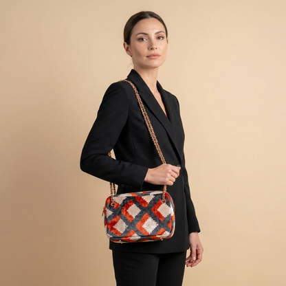 Silk Velvet Ikat Shoulder Bag – Off White / Red / Midnight Indigo