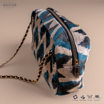 Silk Velvet Ikat Shoulder Bag – Off White / Turquoise/ Midnight Indigo