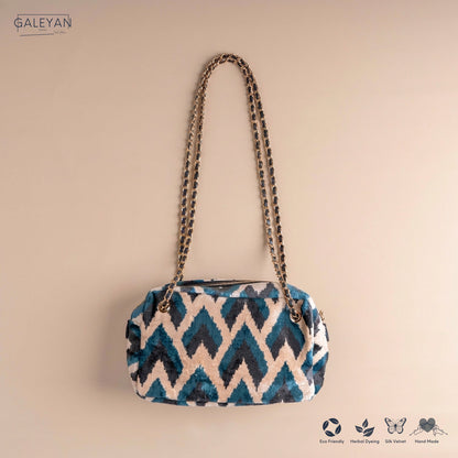 Silk Velvet Ikat Shoulder Bag – Off White / Turquoise/ Midnight Indigo