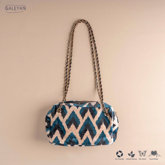 Silk Velvet Ikat Shoulder Bag – Off White / Turquoise/ Midnight Indigo