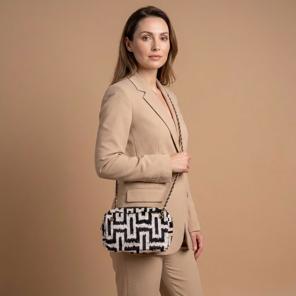 Silk Velvet Ikat Shoulder Bag – Off White / Black