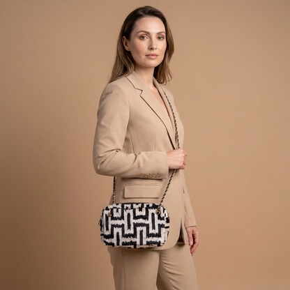 Silk Velvet Ikat Shoulder Bag – Off White / Black