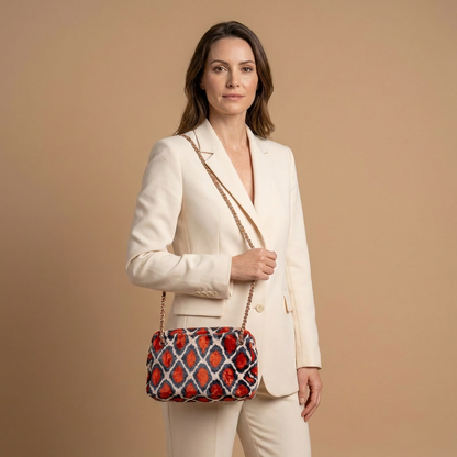 Silk Velvet Ikat Shoulder Bag – Off White / Red / Midnight Indigo