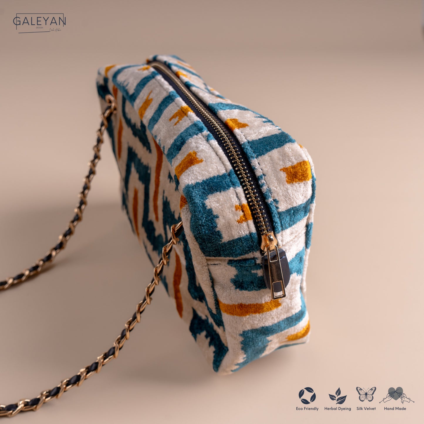 Silk Velvet Ikat Shoulder Bag – Off White / Turquoise / Saffron Gold