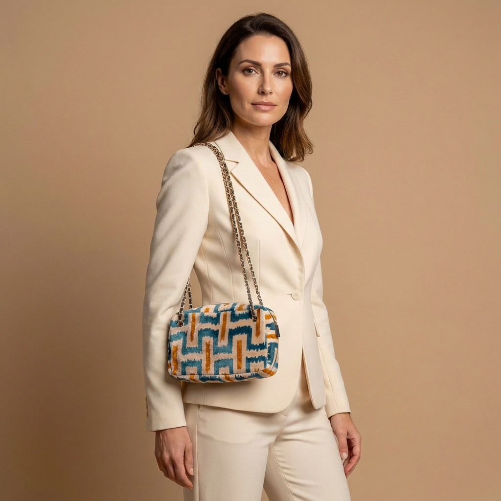 Silk Velvet Ikat Shoulder Bag – Off White / Turquoise / Saffron Gold